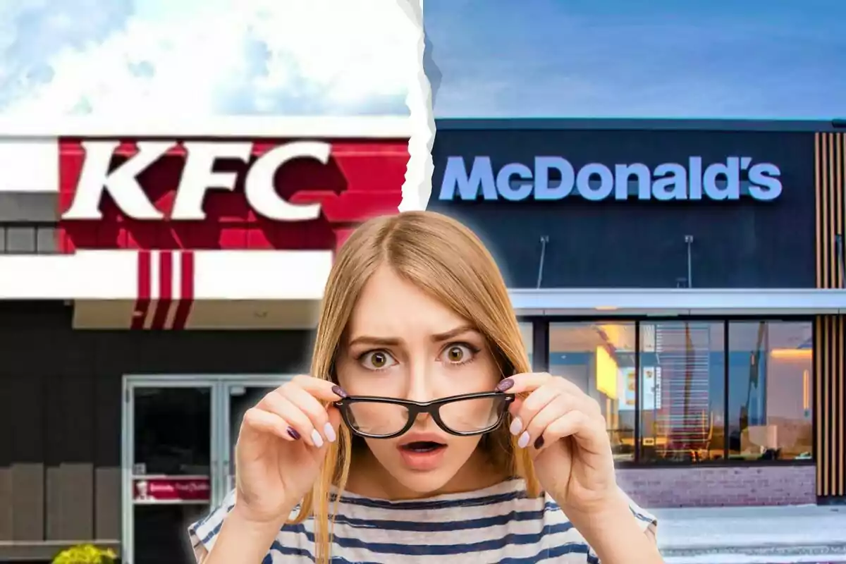 A woman with a surprised expression holds her glasses in front of KFC and McDonald's restaurants divided by a torn line.