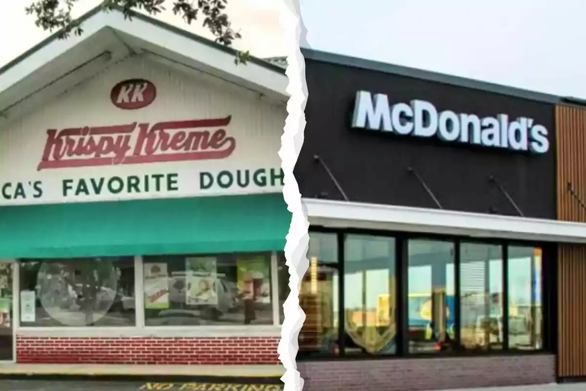 Fachadas de las tiendas Krispy Kreme y McDonald's divididas por una línea irregular en el centro Fachadas de las tiendas Krispy Kreme y McDonald's divididas por una línea irregular en el centro