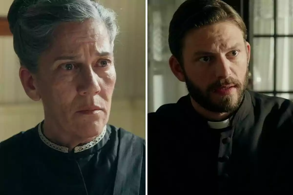 Petra i el pare Samuel vestits d’època, una dona gran amb expressió seriosa i un home jove amb barba i vestit de sacerdot, tots dos en ambients interiors suaument il·luminats. Petra i el pare Samuel vestits d’època, una dona gran amb expressió seriosa i un home jove amb barba i vestit de sacerdot, tots dos en ambients interiors suaument il·luminats.