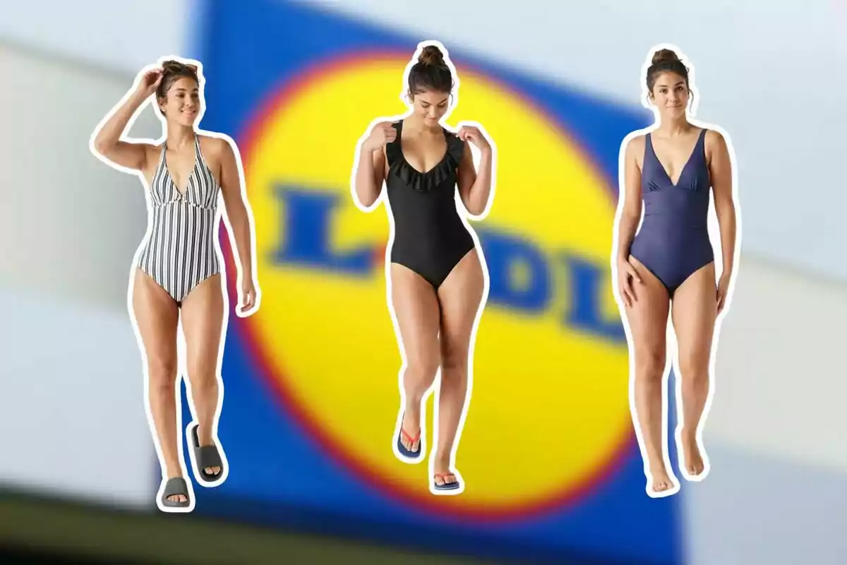 Tres dones llueixen diferents banyadors d’una peça davant d’un fons desenfocat amb el logotip de Lidl. Tres dones llueixen diferents banyadors d’una peça davant d’un fons desenfocat amb el logotip de Lidl.