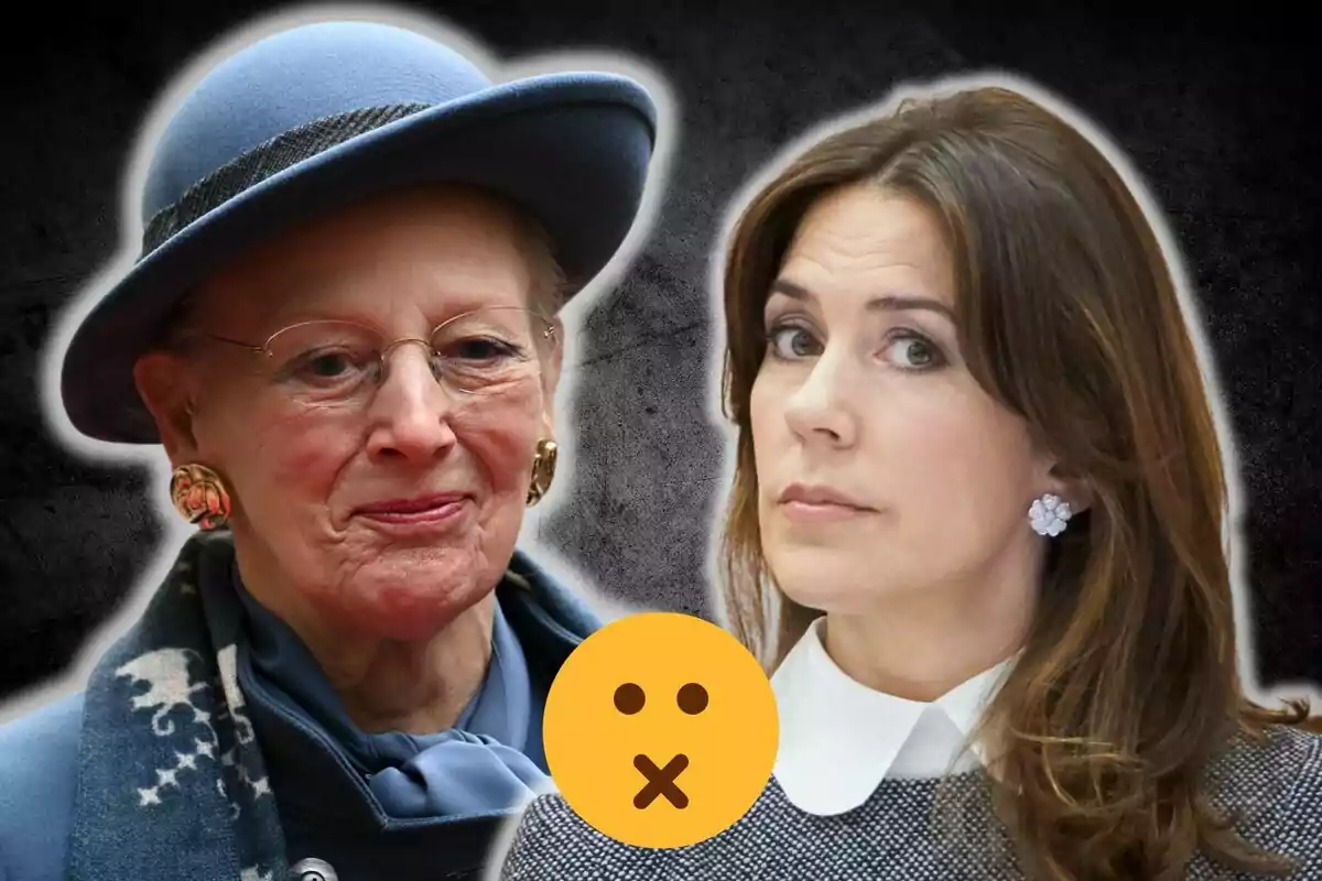 Margarida i María de Dinamarca amb expressions serioses i un emoji de silenci al centre sobre un fons fosc