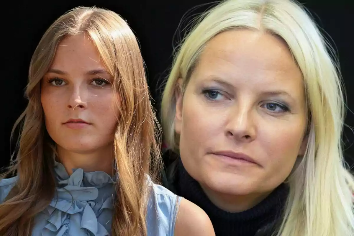 Two blonde-haired women look in opposite directions with serious expressions against a dark background.