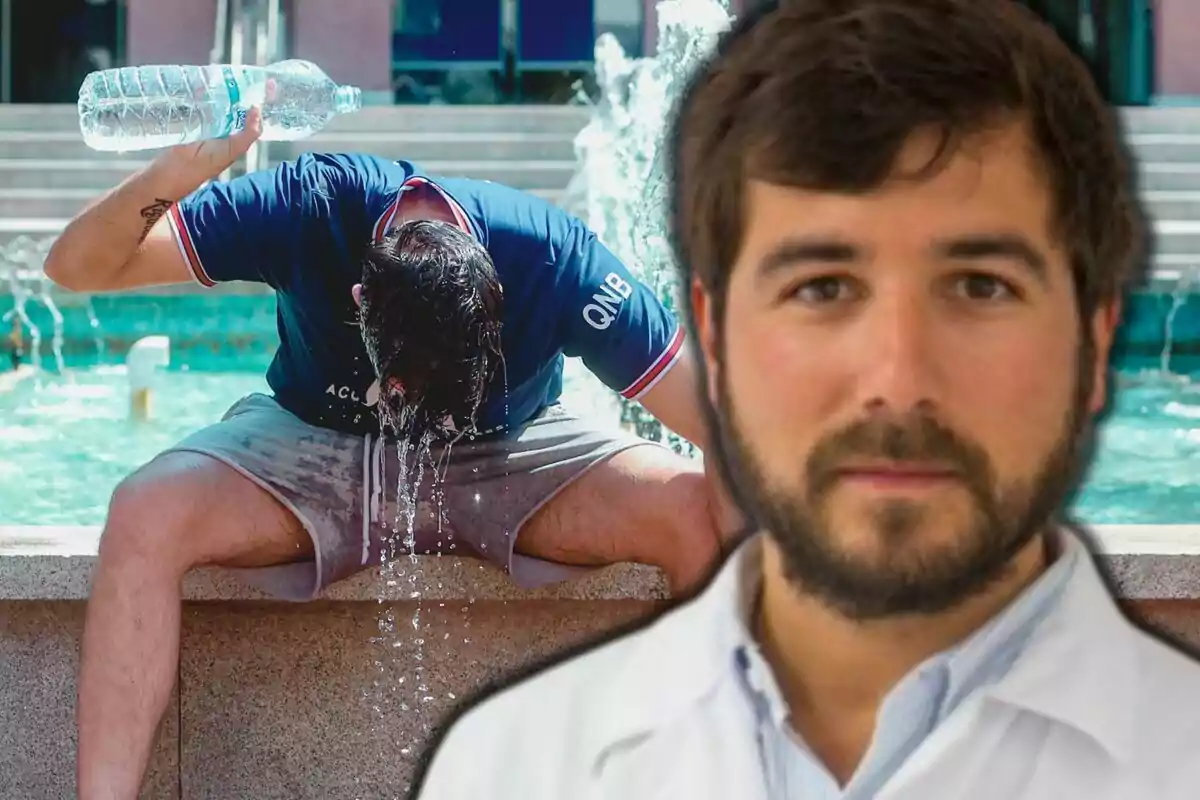 A man cools himself by pouring water over his head next to a fountain, while in the foreground there is a doctor in a white coat.