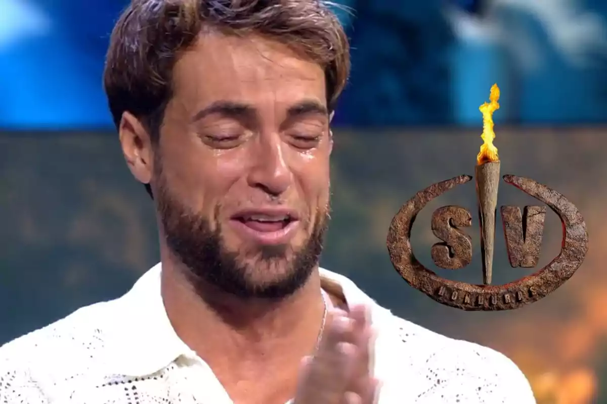 Muntatge de Montoya, amb barba i camisa blanca plorant d’emoció, al costat del logotip del programa 'Supervivientes'