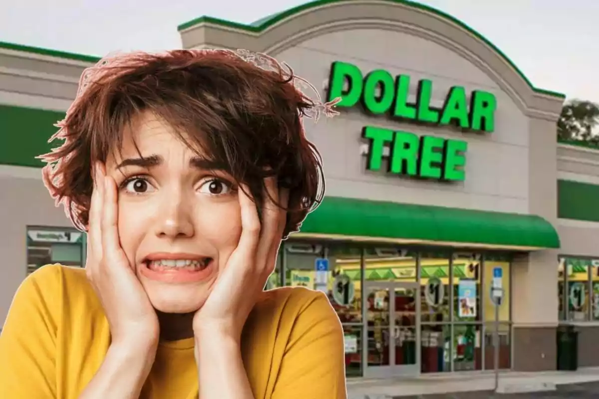 Woman with a worried expression in front of a Dollar Tree store