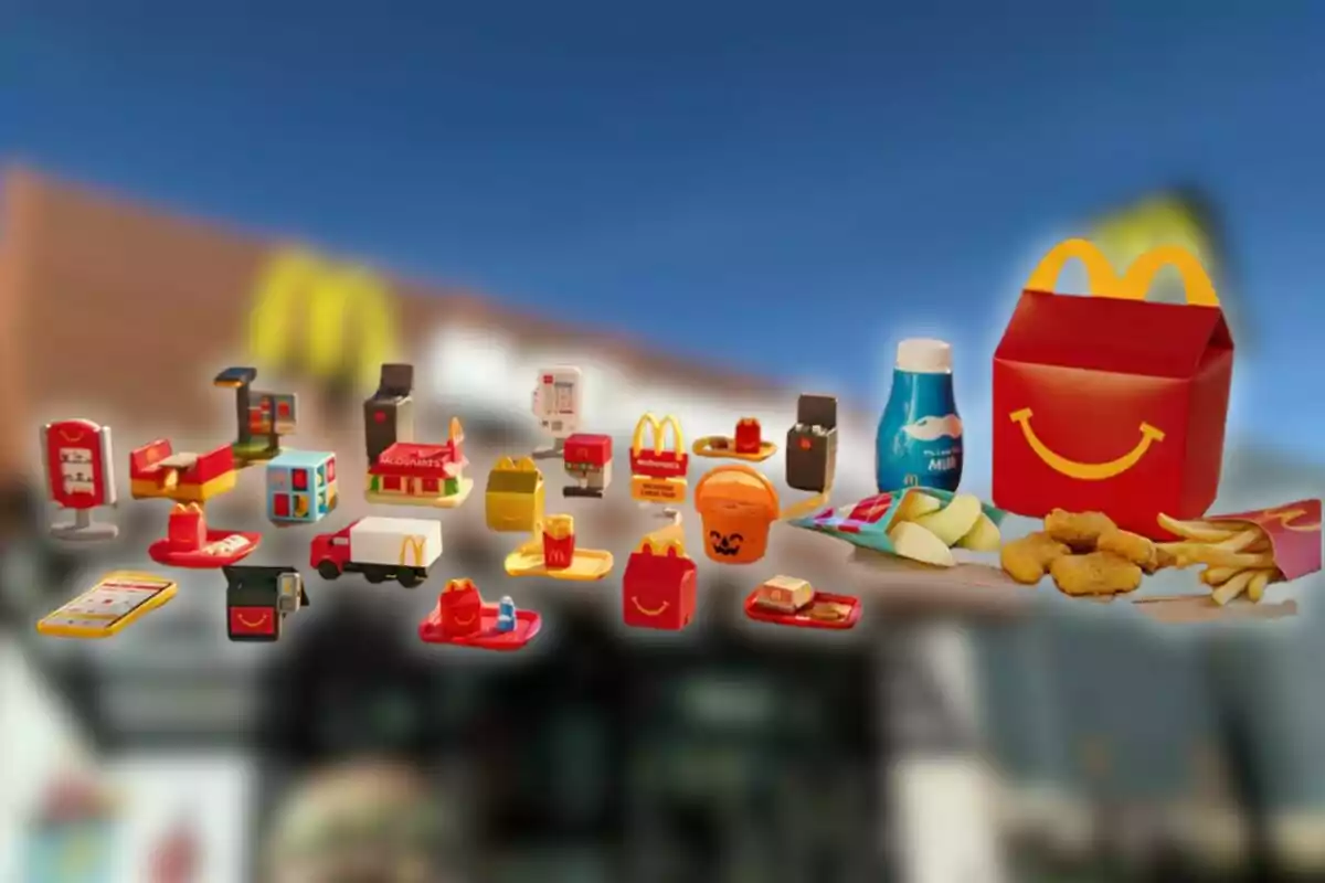 McDonald's Happy Meal toys and food on a blurred background of a McDonald's restaurant McDonald's Happy Meal toys and food on a blurred background of a McDonald's restaurant