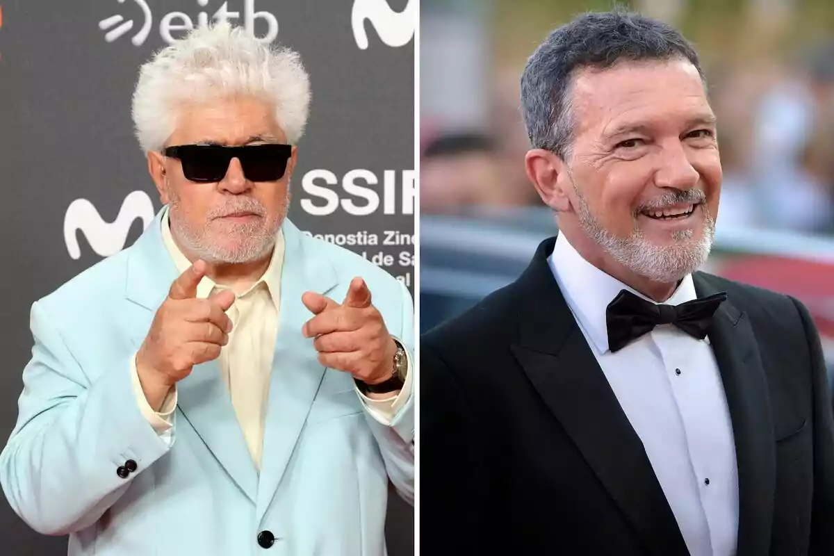 Pedro Almodóvar and Antonio Banderas pose at formal events, one wearing sunglasses and a light blue suit, and the other in a black tuxedo with a bow tie, smiling. Pedro Almodóvar and Antonio Banderas pose at formal events, one wearing sunglasses and a light blue suit, and the other in a black tuxedo with a bow tie, smiling.