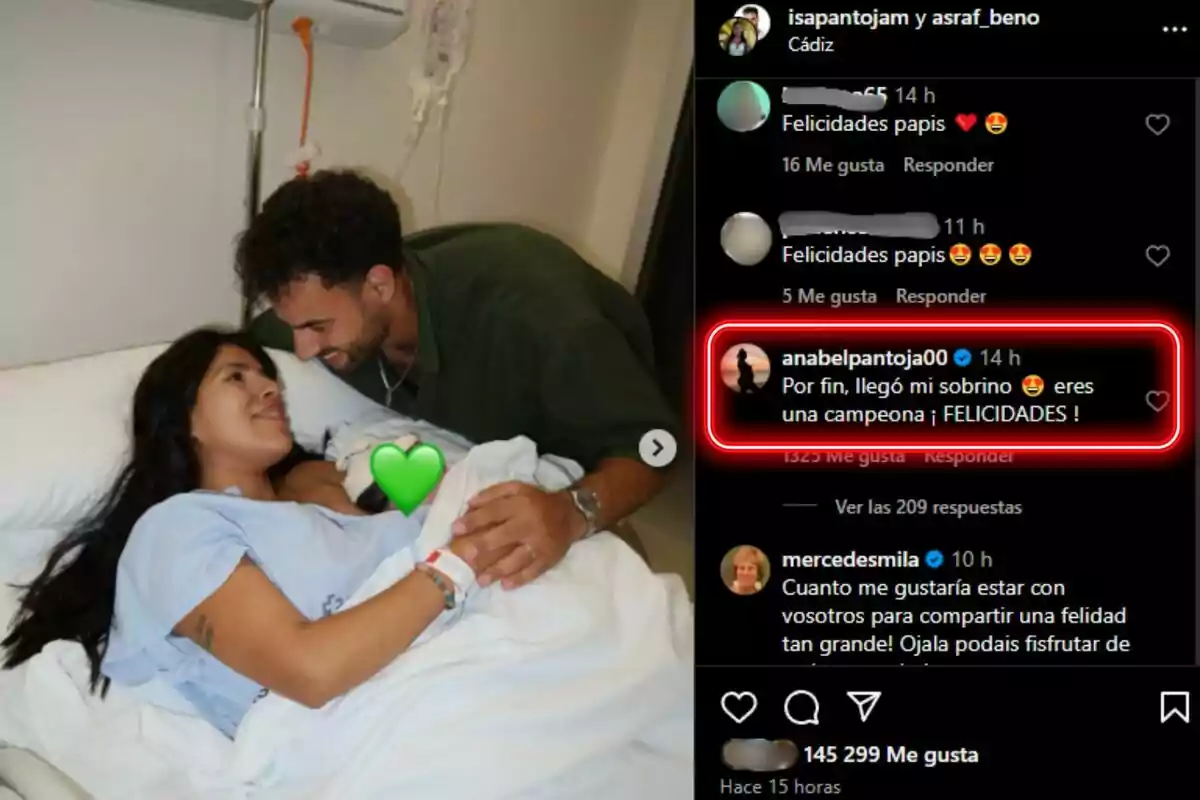 Isa Pantoja estirada en un llit d’hospital somriu mentre sosté un nadó cobert amb una manta blanca; al seu costat, Asraf Beno s’inclina cap a ella i li agafa la mà. Tots dos semblen feliços i emocionats, i a la pantalla es veuen comentaris de felicitació en una xarxa social. Isa Pantoja estirada en un llit d’hospital somriu mentre sosté un nadó cobert amb una manta blanca; al seu costat, Asraf Beno s’inclina cap a ella i li agafa la mà. Tots dos semblen feliços i emocionats, i a la pantalla es veuen comentaris de felicitació en una xarxa social.