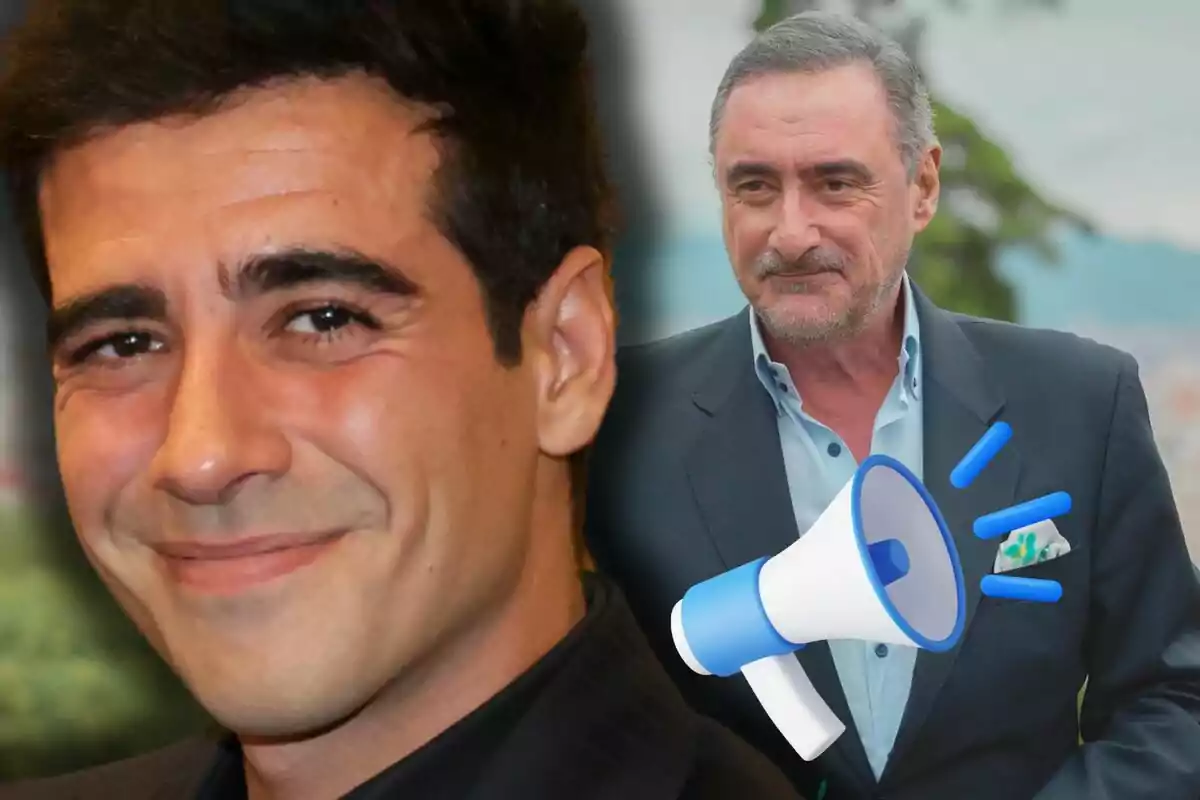Alberto i Carlos Herrera apareixen a la imatge, un en primer pla somrient i l’altre al fons amb un megàfon il·lustrat sobre la seva jaqueta.