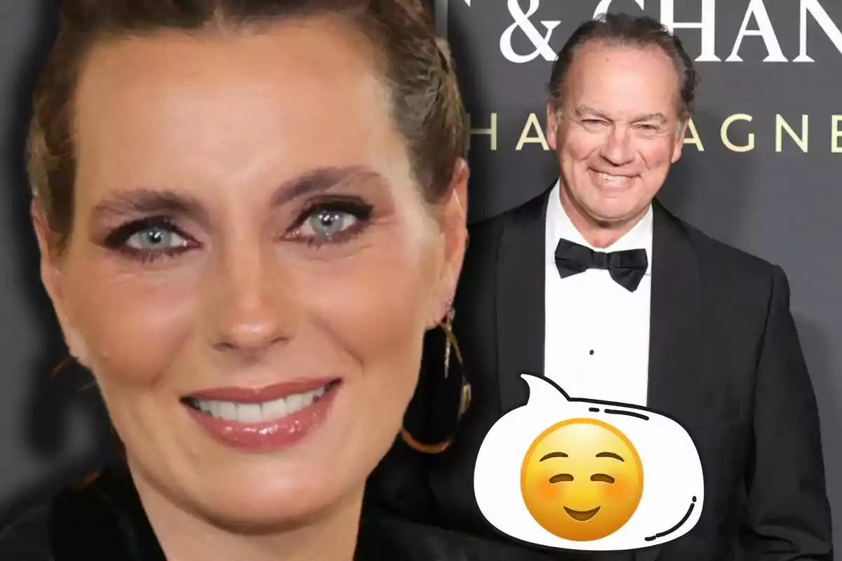 Primer pla d’Alejandra Osborne somrient amb ulls clars i maquillatge elegant, al fons Bertín Osborne amb esmòquing negre i llacet, acompanyat d’un emoji somrient dins d’un globus de diàleg.