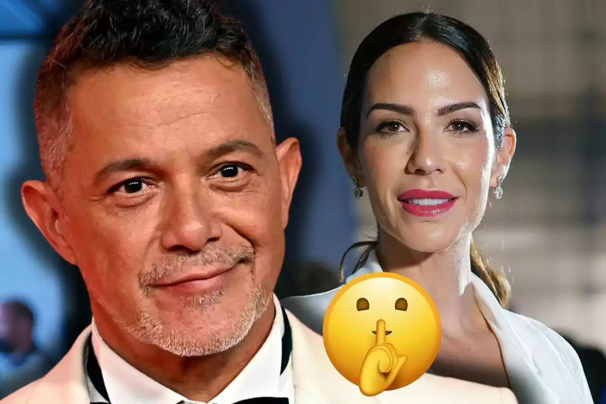 Alejandro Sanz i Tamara Gorro vestits de manera elegant amb un emoji de silenci en primer pla