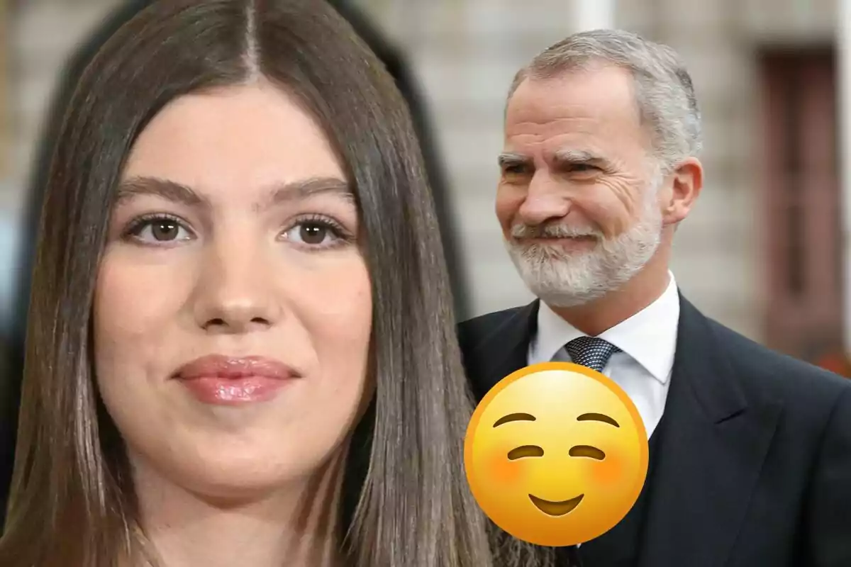Primer pla de la infanta Sofia, al fons Felip VI somriu i hi ha un emoji de cara somrient al centre de la imatge