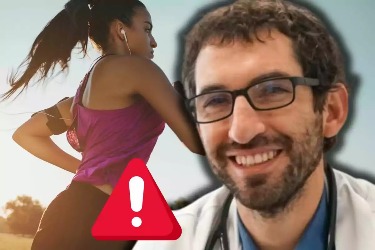 Woman running with headphones, a smiling doctor in front, and a red warning symbol
