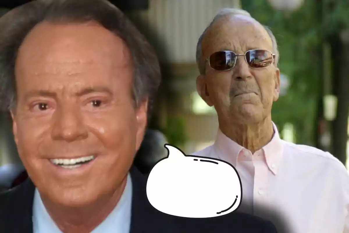 Julio Iglesias i el seu pare apareixen a la imatge, un somrient en primer pla i l’altre amb ulleres de sol al fons, al costat d’un globus de diàleg buit.