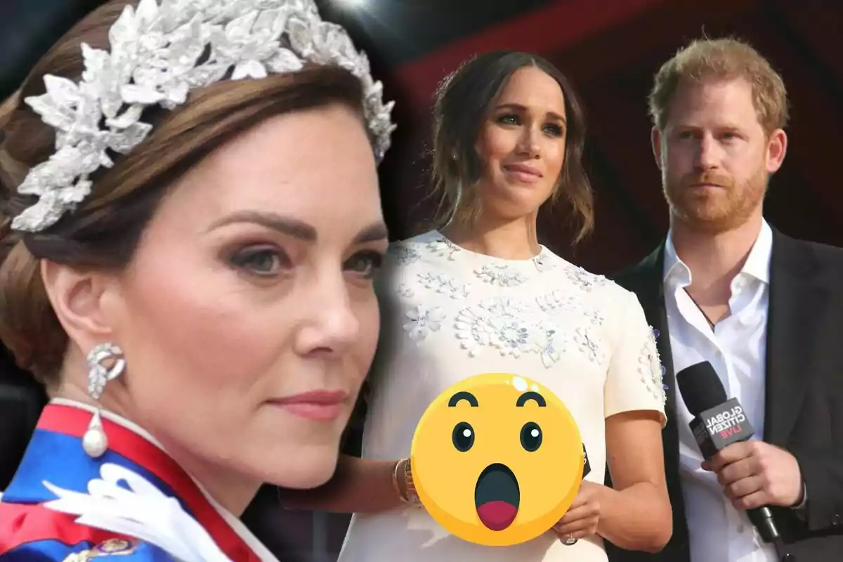 Kate Middleton amb tiara i vestit elegant en primer pla mentre al fons hi ha la Meghan Markle i el príncep Harry amb expressió seriosa i un emoji de sorpresa cobrint part de la imatge