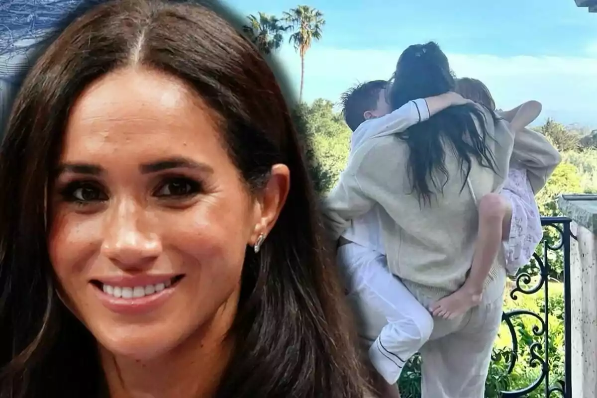 Meghan Markle somrient en primer pla i al fons una dona d’esquena carregant dos nens en un balcó amb vegetació i cel blau