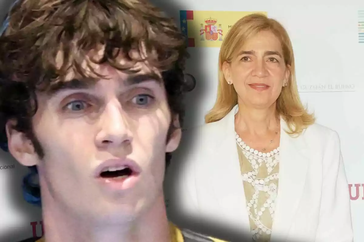 Pablo Urdangarin amb expressió sorpresa apareix en primer pla mentre al fons es veu la infanta Cristina amb una jaqueta blanca posant davant d’un cartell institucional.