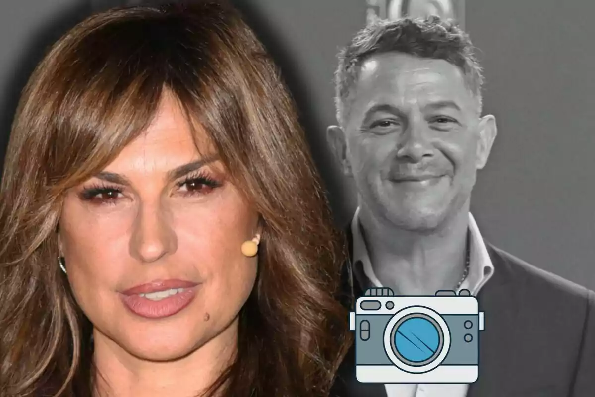 Primer pla de Raquel Perera amb un micròfon a la galta, al fons apareix Alejandro Sanz en blanc i negre i una icona de càmera fotogràfica.