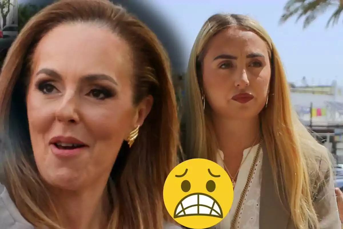 Rocío Carrasco i Rocío Flores amb expressions serioses i un emoji de cara preocupada en primer pla