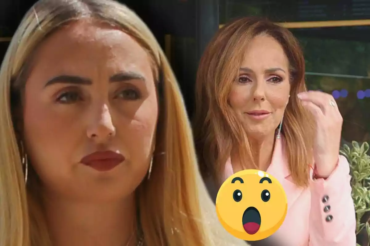 Rocío Flores i Rocío Carrasco mirant en direccions diferents amb una expressió seriosa i un emoji de sorpresa en primer pla