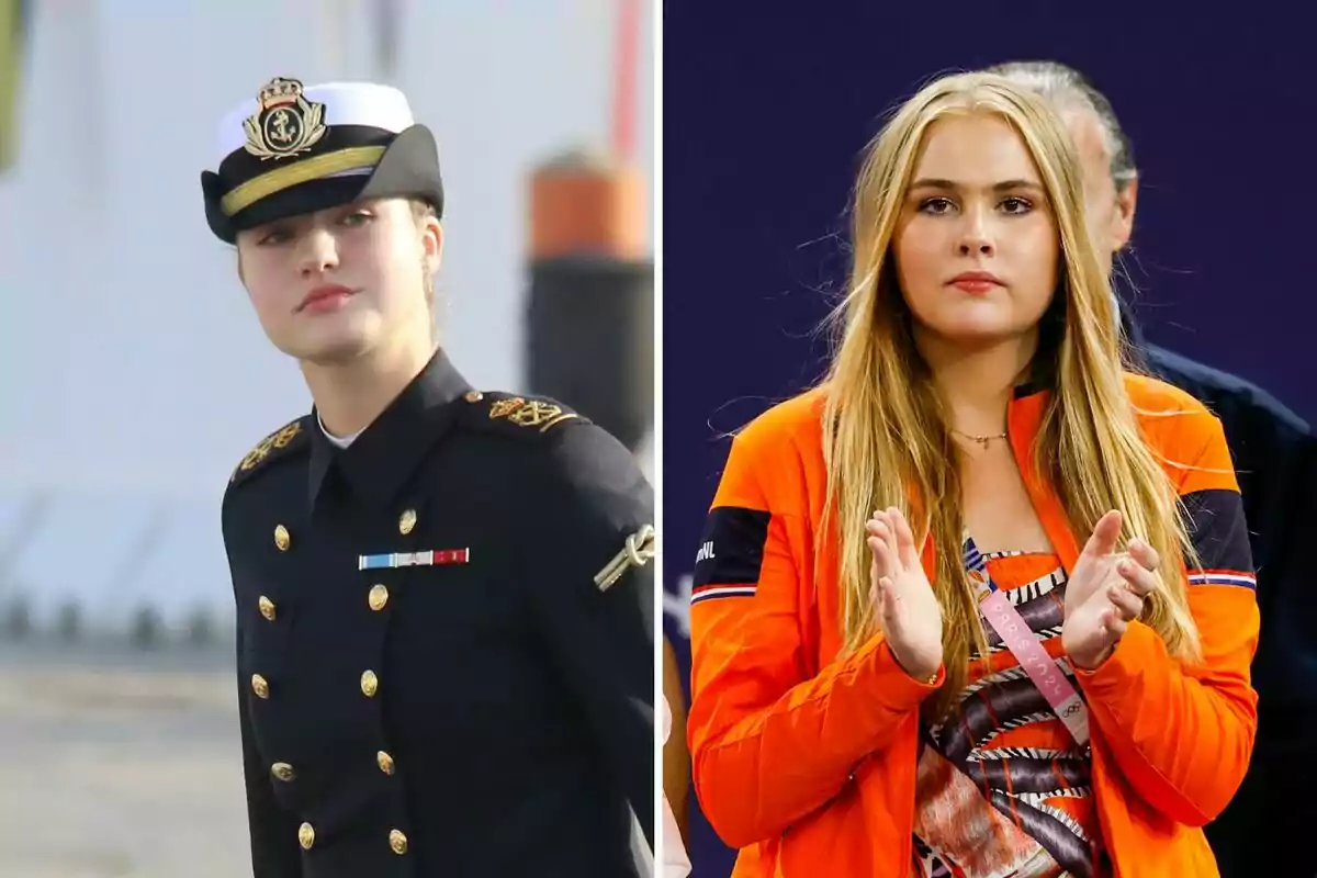 Princess Leonor and Amalia of the Netherlands, one dressed in a military uniform and the other in an orange jacket, appear in a split image. Princess Leonor and Amalia of the Netherlands, one dressed in a military uniform and the other in an orange jacket, appear in a split image.