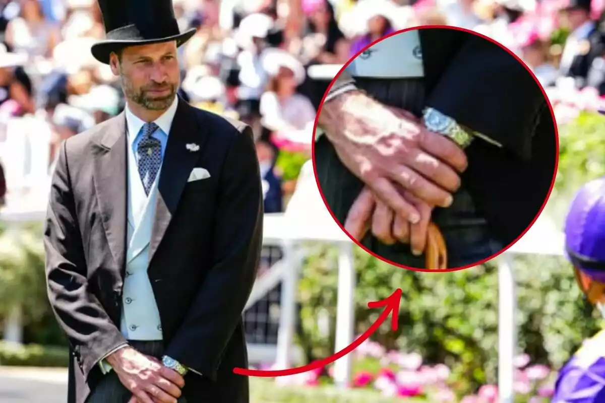 El príncep Guillem elegantment vestit amb barret de copa sosté un bastó mentre una lupa ressalta el rellotge al seu canell esquerre. El príncep Guillem elegantment vestit amb barret de copa sosté un bastó mentre una lupa ressalta el rellotge al seu canell esquerre.