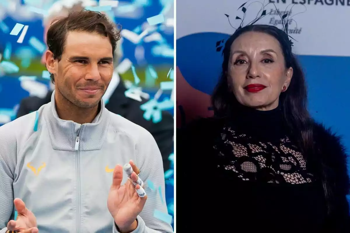 Rafa Nadal amb jaqueta esportiva grisa a l’esquerra envoltat de confeti blau i Luz Casal vestida de negre amb llavis vermells a la dreta posant davant d’un fons blau Rafa Nadal amb jaqueta esportiva grisa a l’esquerra envoltat de confeti blau i Luz Casal vestida de negre amb llavis vermells a la dreta posant davant d’un fons blau