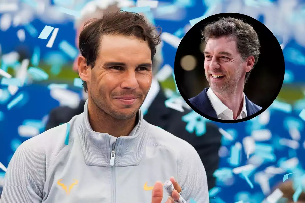 Rafa Nadal montage, smiling and surrounded by blue confetti, and Pau Gasol, smiling inside a black circle in the upper right corner