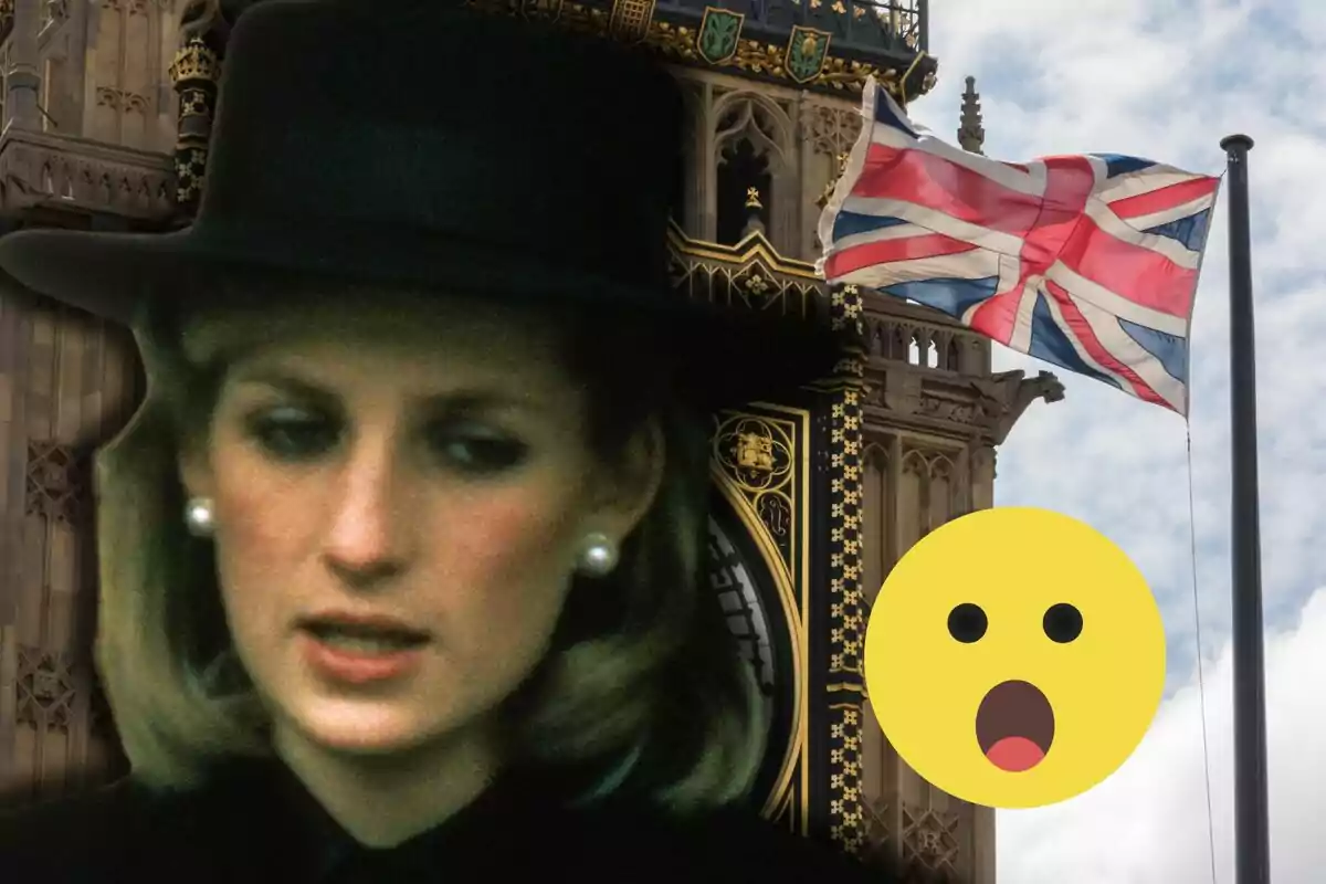 Lady Di amb barret negre davant del Big Ben i una bandera del Regne Unit onejant, acompanyada d’un emoji de sorpresa