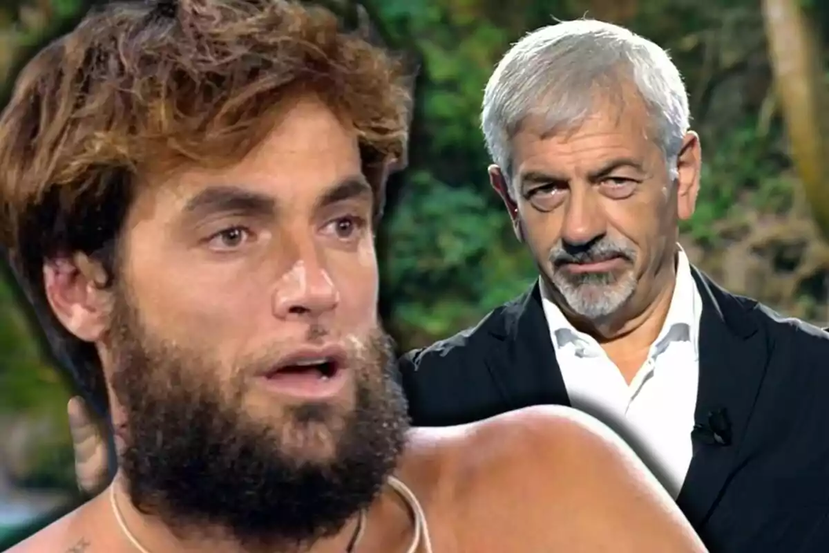 Primer pla de Montoya amb expressió seriosa en primer pla i Carlos Sobera en segon pla amb un fons de vegetació desenfocat.