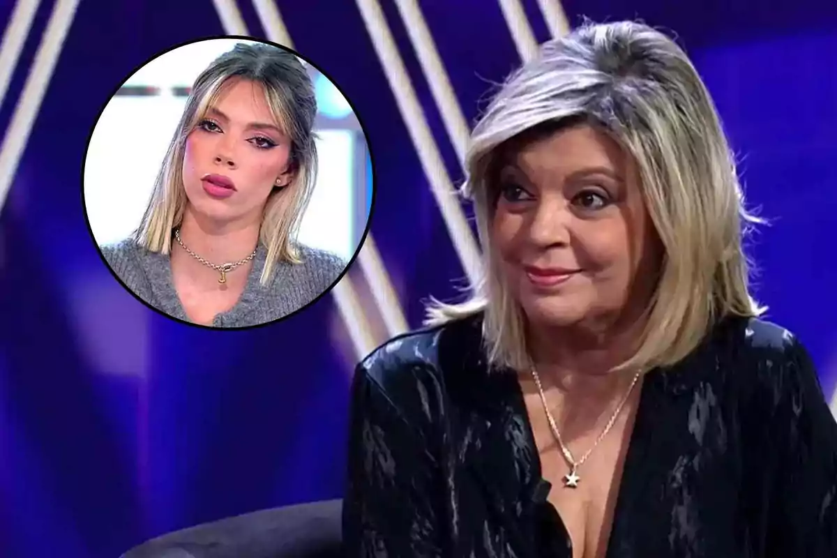 Terelu Campos i Alejandra Rubio en un plató de televisió, una apareix en primer pla somrient i l’altra en un requadre circular amb expressió seriosa.