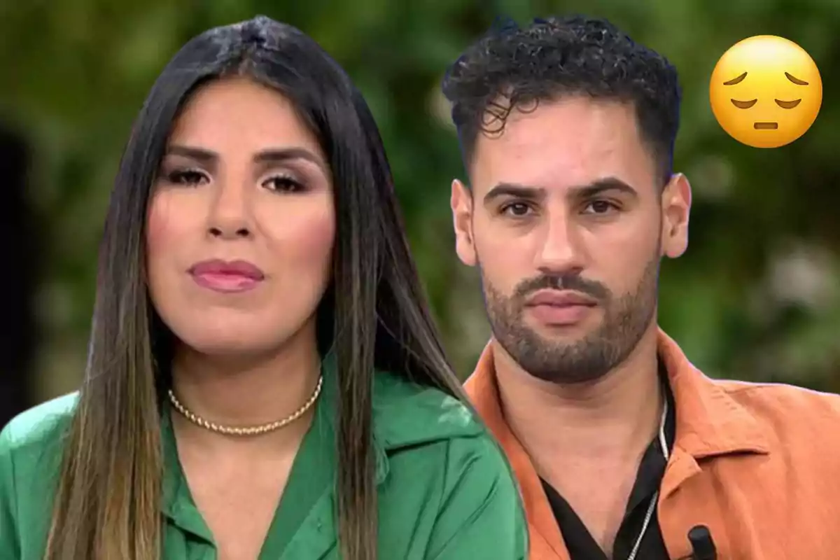 Isa Pantoja y Asraf Beno con expresiones serias y un emoji de cara preocupada en el fondo