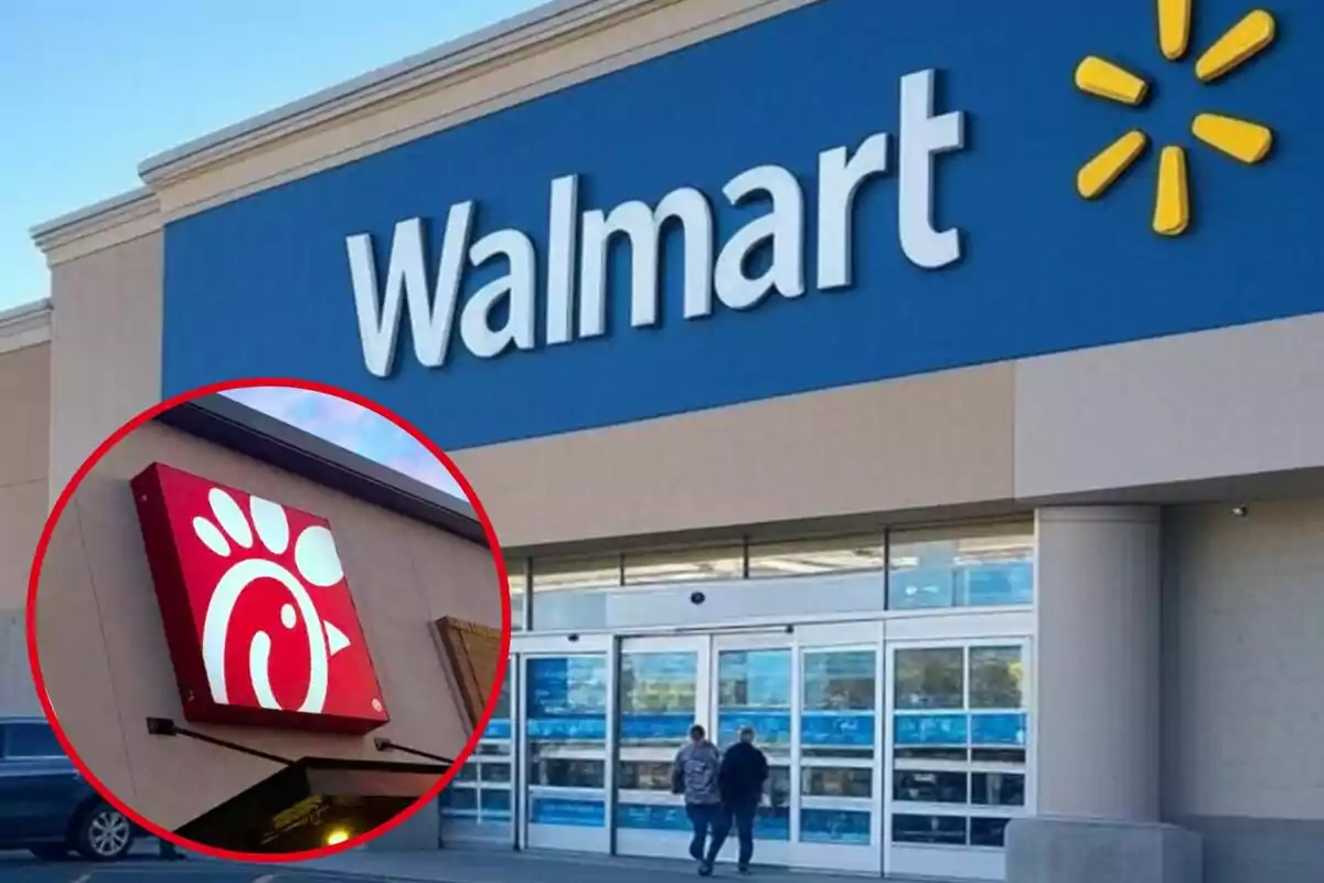 Façana d’una botiga Walmart amb un requadre que mostra el logotip de Chick-fil-A