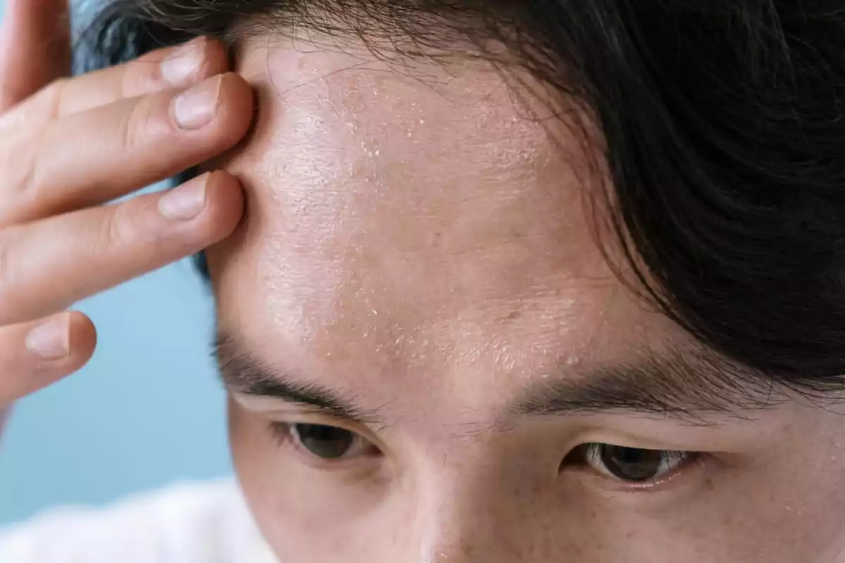 Person touching their forehead with visibly dry and flaky skin