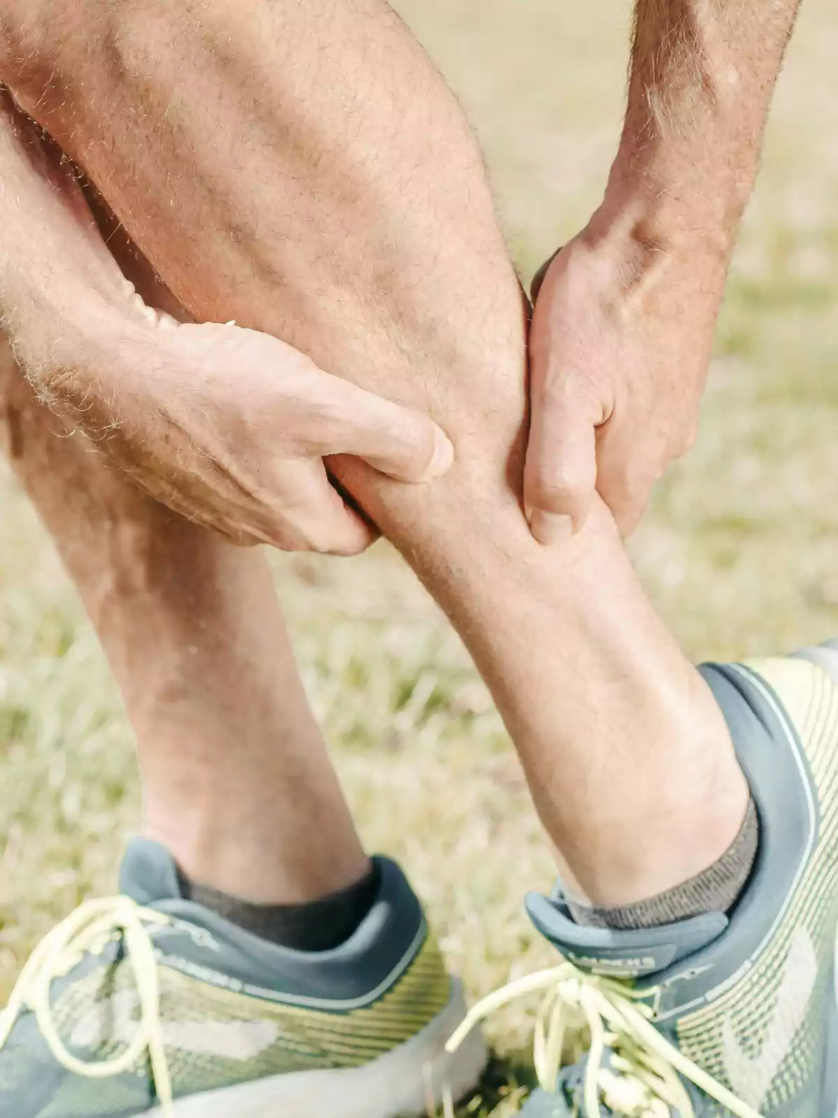 Person holding their leg with both hands while wearing sneakers in an outdoor setting Person holding their leg with both hands while wearing sneakers in an outdoor setting