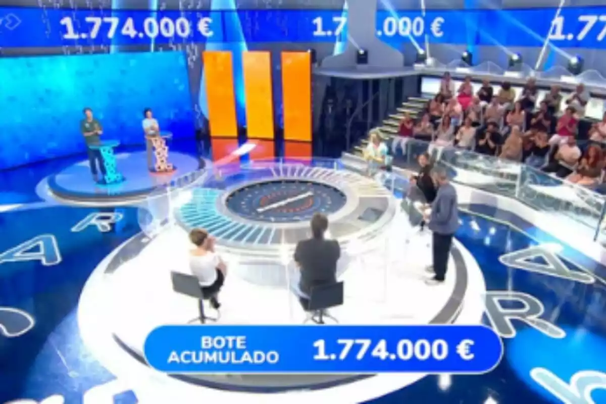 Pla general de 'Pasapalabra' amb concursants, presentador, públic i un pot acumulat d’un milió set-cents setanta-quatre mil euros en pantalla.