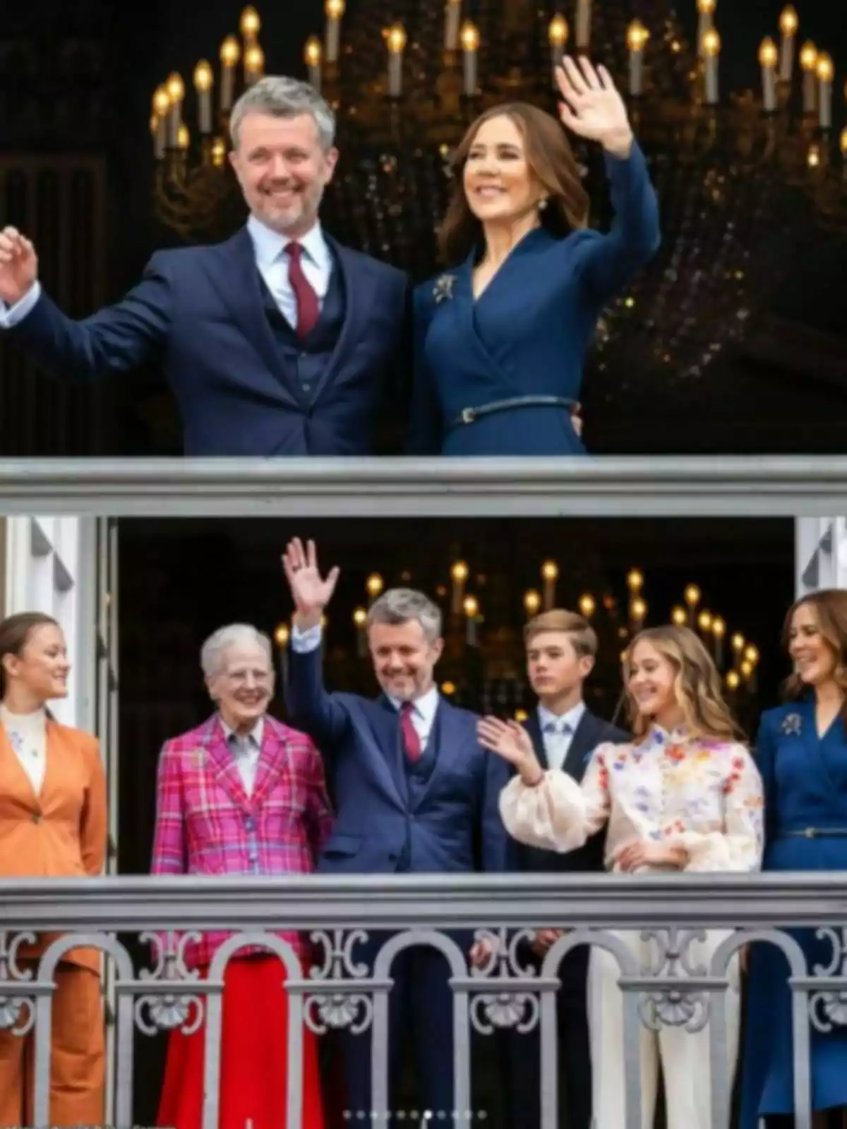 Varias personas elegantemente vestidas saludan desde un balcón decorado con una barandilla, con un candelabro encendido al fondo Varias personas elegantemente vestidas saludan desde un balcón decorado con una barandilla, con un candelabro encendido al fondo