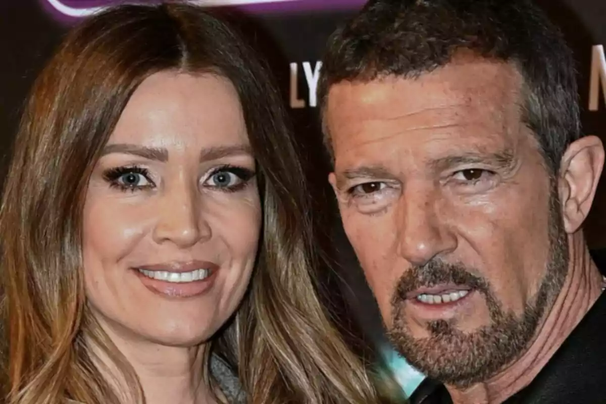 Close-up of Antonio Banderas and Nicol Kimpel smiling at the camera.