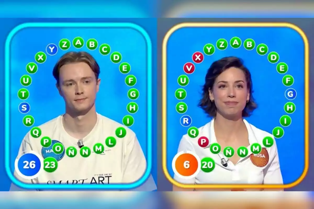 Dos concursants –Rosa i Manu– participen a la prova final d’un concurs de televisió, cadascun envoltat per un cercle de lletres amb diferents colors que indiquen els seus encerts i errors, mostrant les seves puntuacions a la part inferior. Dos concursants –Rosa i Manu– participen a la prova final d’un concurs de televisió, cadascun envoltat per un cercle de lletres amb diferents colors que indiquen els seus encerts i errors, mostrant les seves puntuacions a la part inferior.