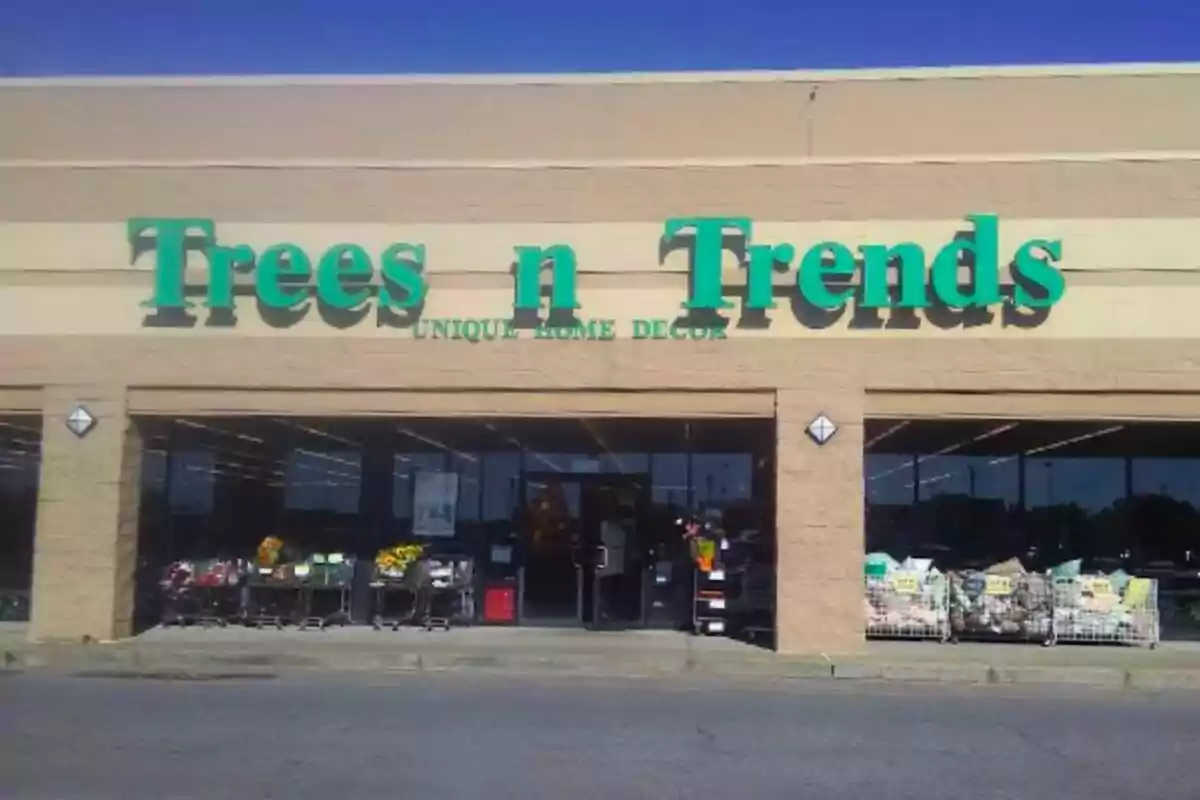 Storefront of a shop called Trees n Trends with a green sign and shopping carts at the entrance Storefront of a shop called Trees n Trends with a green sign and shopping carts at the entrance