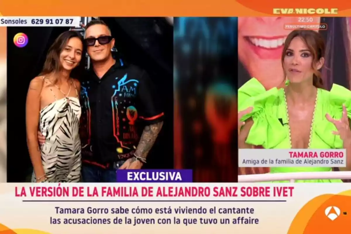 Programa de televisió mostrant Ivet Playá i Alejandro Sanz posant junts i Tamara Gorro vestida de verd parlant a l’estudi, amb titulars sobre la família d’Alejandro Sanz i un escàndol relacionat. Captura de ‘Y ahora Sonsoles’. Programa de televisió mostrant Ivet Playá i Alejandro Sanz posant junts i Tamara Gorro vestida de verd parlant a l’estudi, amb titulars sobre la família d’Alejandro Sanz i un escàndol relacionat. Captura de ‘Y ahora Sonsoles’.