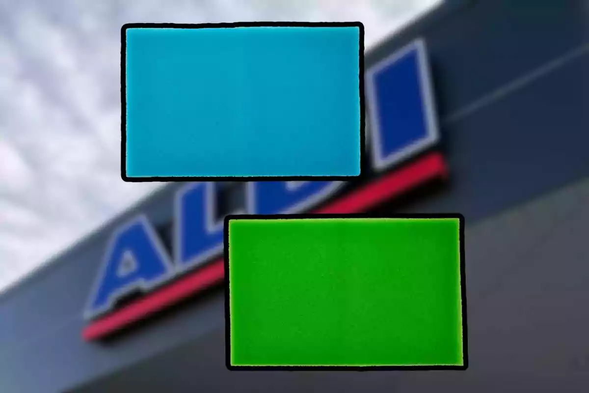 Dos rectángulos de colores azul y verde con bordes negros están superpuestos sobre un fondo desenfocado de una tienda. Dos rectángulos de colores azul y verde con bordes negros están superpuestos sobre un fondo desenfocado de una tienda.