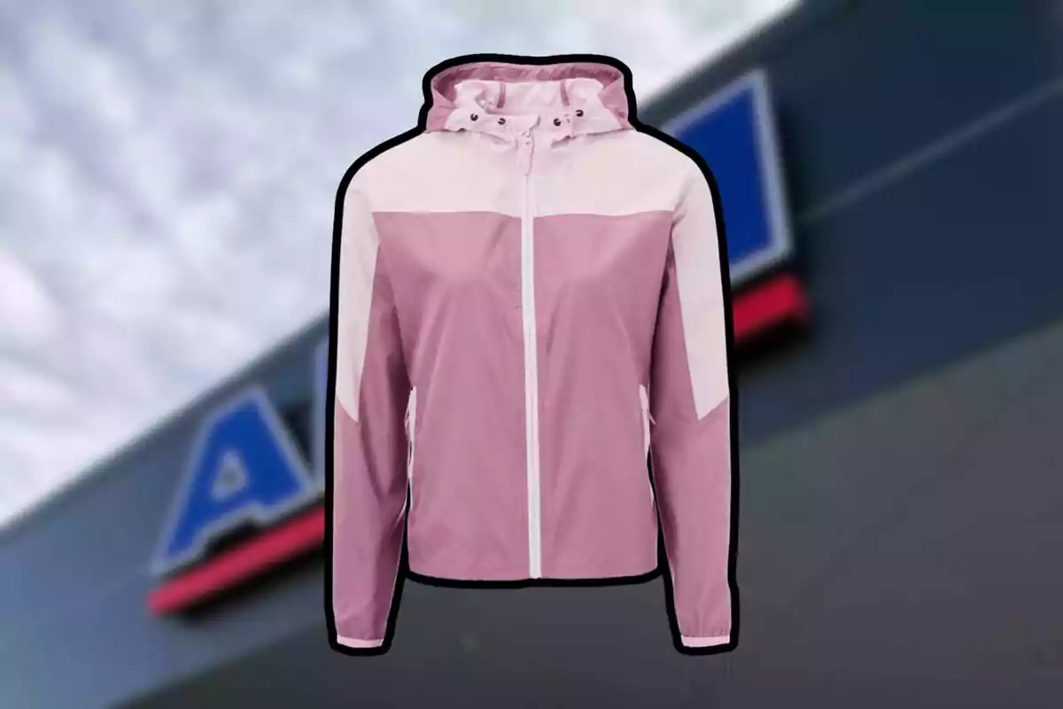 Chamarra deportiva rosa claro con capucha y cierre al frente sobre un fondo desenfocado de una tienda Chamarra deportiva rosa claro con capucha y cierre al frente sobre un fondo desenfocado de una tienda