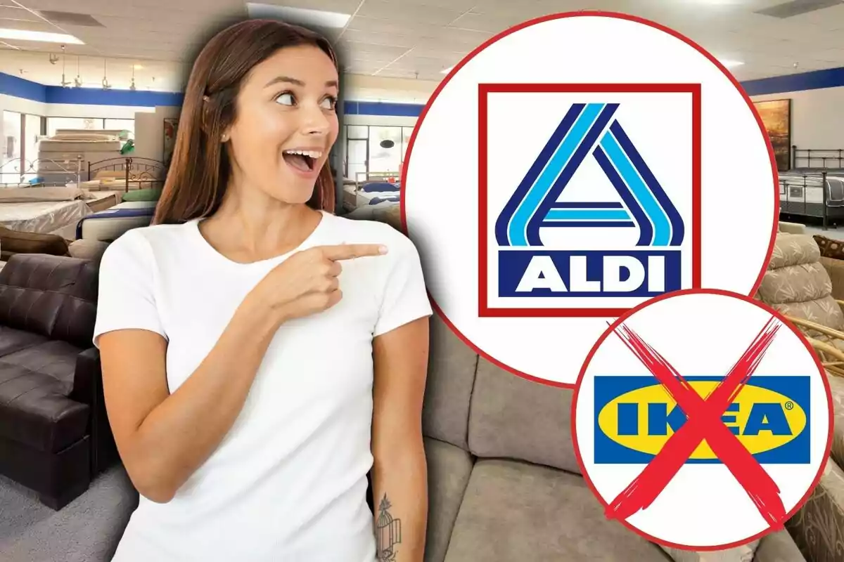 Mujer sonriente señalando el logo de Aldi mientras el logo de Ikea aparece tachado en una tienda de muebles