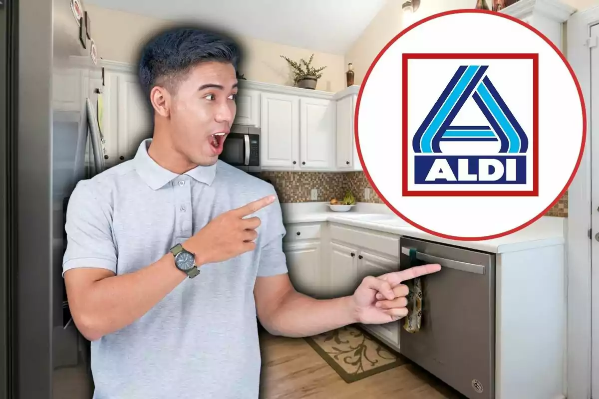 Home sorprès assenyalant el logotip d’ALDI en una cuina moderna