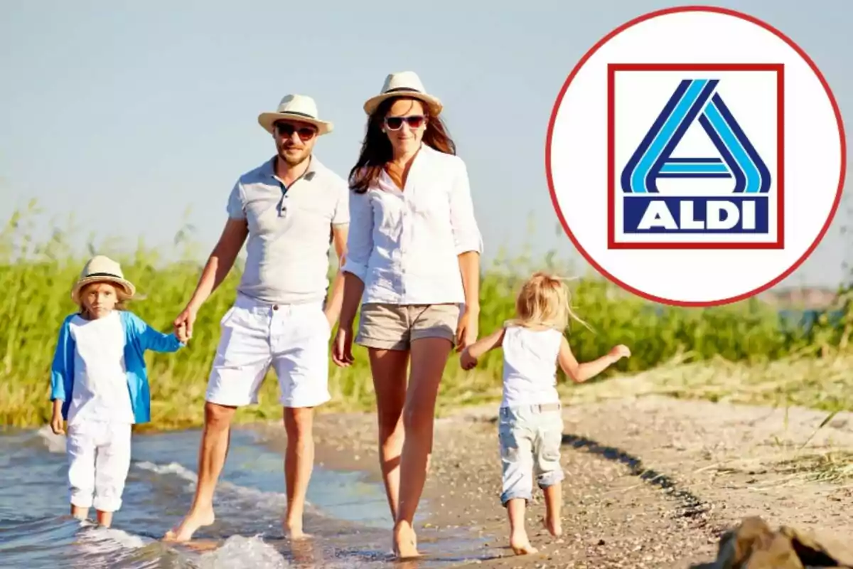 Familia caminando por la orilla de la playa en un día soleado con el logo de ALDI en la esquina superior derecha