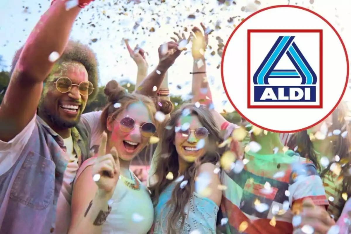 Grup de joves somrients celebrant en una festa a l’aire lliure amb confeti i colors, al costat del logotip d’ALDI a la cantonada superior dreta