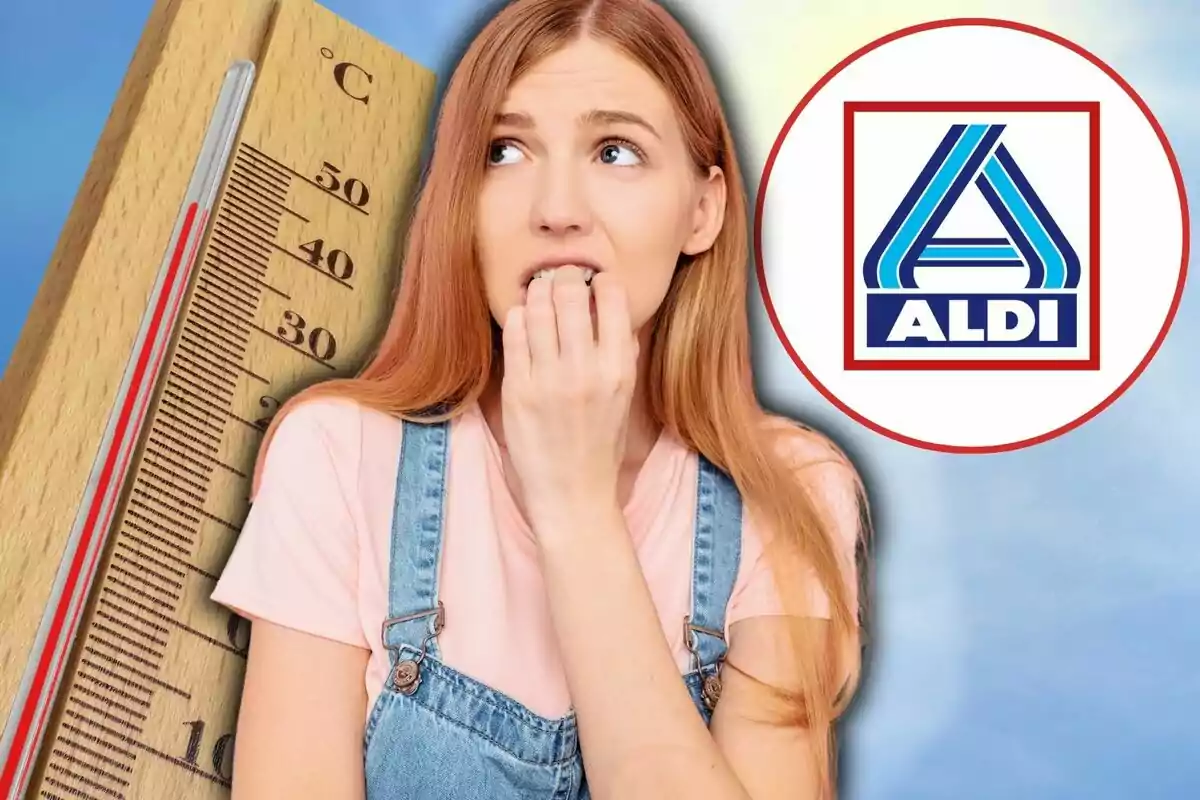 Mujer con expresión preocupada se muerde las uñas junto a un termómetro que marca alta temperatura y el logo de Aldi en el fondo