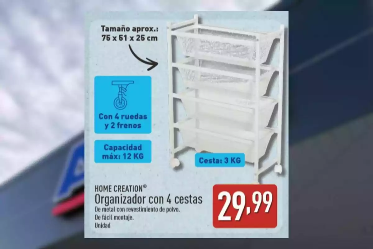 Organizador blanco de metal con cuatro cestas y ruedas, capacidad máxima de 12 kg, cada cesta soporta 3 kg, precio de 29,99 euros Organizador blanco de metal con cuatro cestas y ruedas, capacidad máxima de 12 kg, cada cesta soporta 3 kg, precio de 29,99 euros