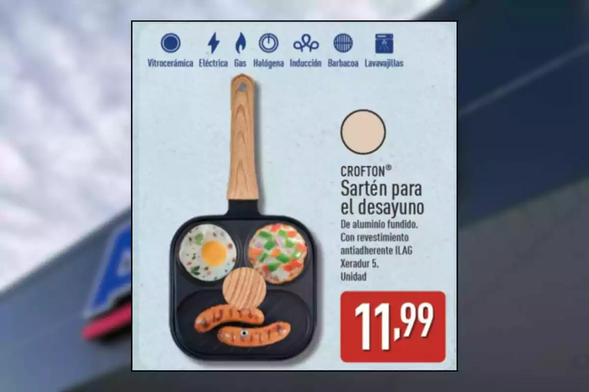 Sartén para desayuno de aluminio fundido con mango de imitación madera, tres compartimentos y precio de 11,99 euros Sartén para desayuno de aluminio fundido con mango de imitación madera, tres compartimentos y precio de 11,99 euros